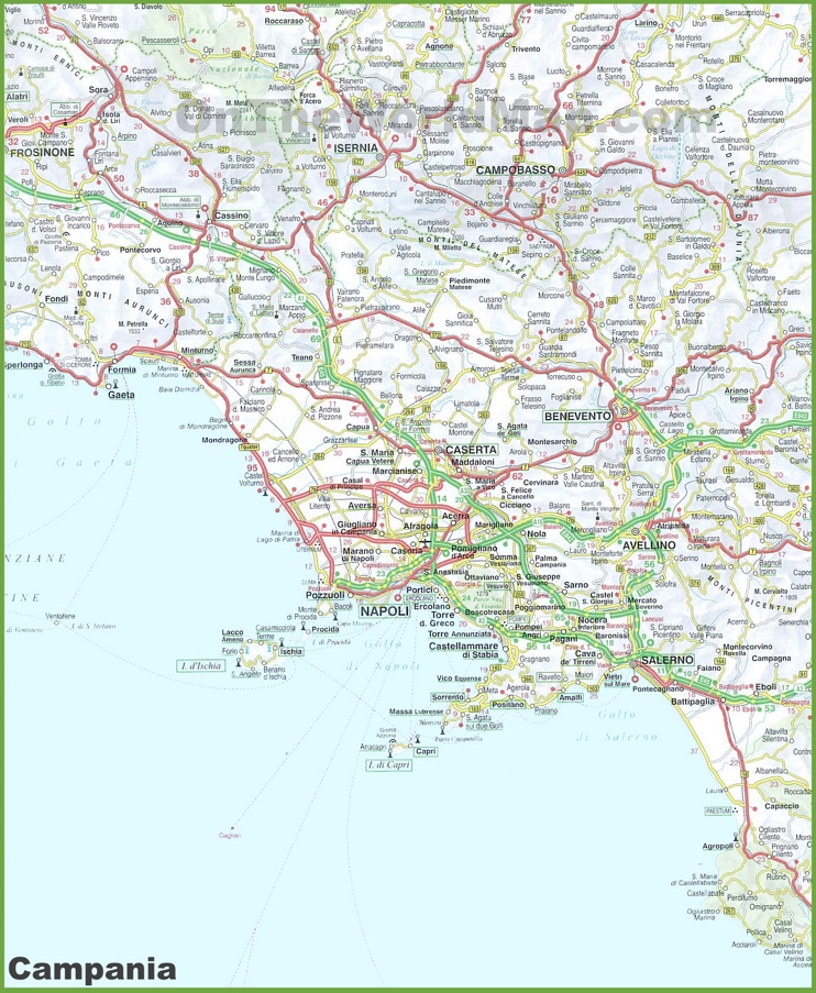 Grande mappa dettagliata di Campania con città