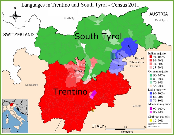 Mappa delle lingue a Trentino-Alto Adige