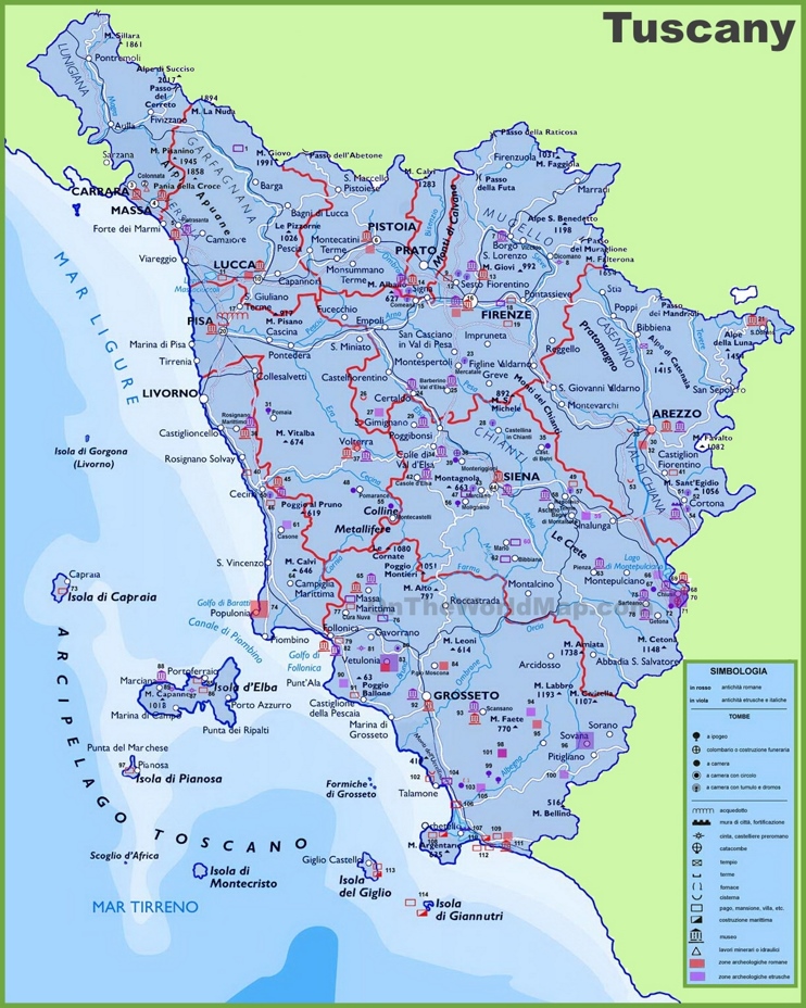 Grande mappa turistica dettagliata della Toscana con città